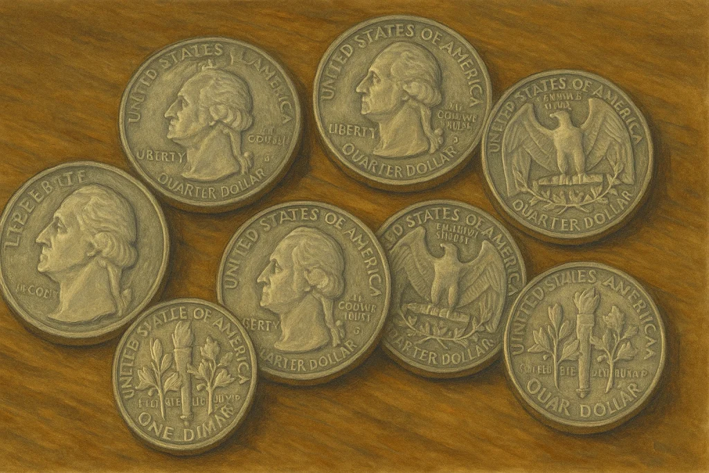 Silver US quarters are lying on the table.