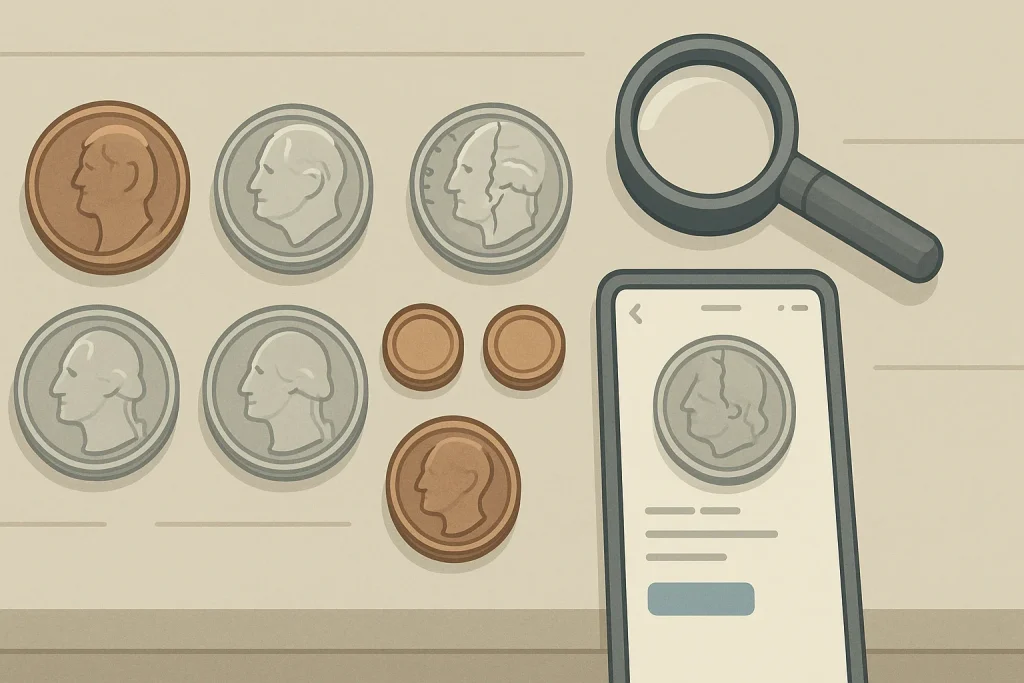 A set of error coins, a smartphone coin appraisal app, and a magnifying glass.