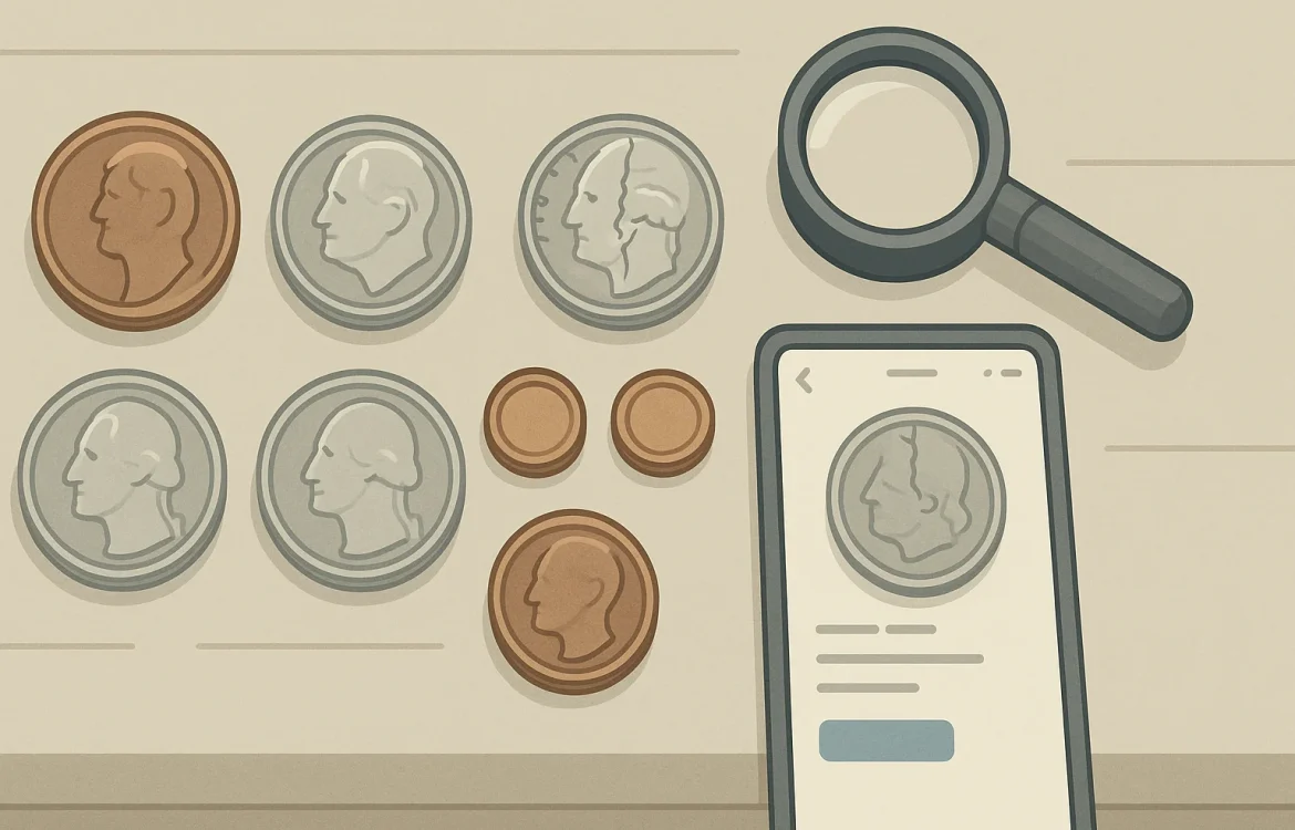 A set of error coins, a smartphone coin appraisal app, and a magnifying glass.