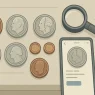A set of error coins, a smartphone coin appraisal app, and a magnifying glass.