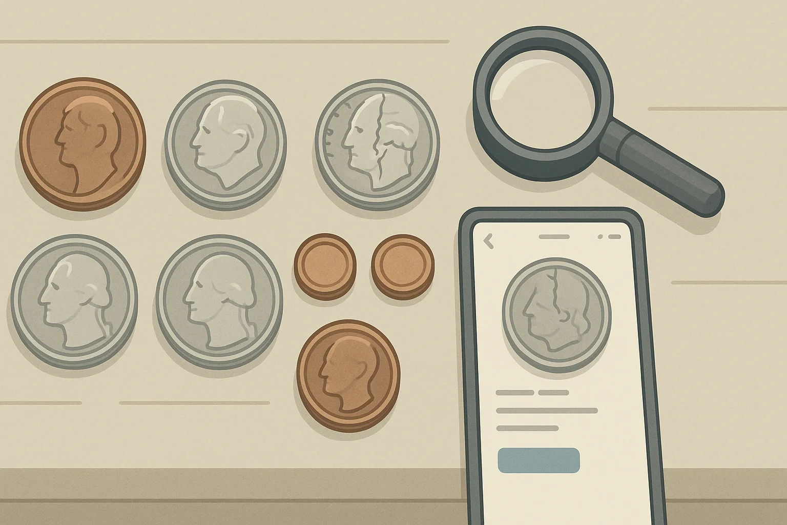 A set of error coins, a smartphone coin appraisal app, and a magnifying glass.