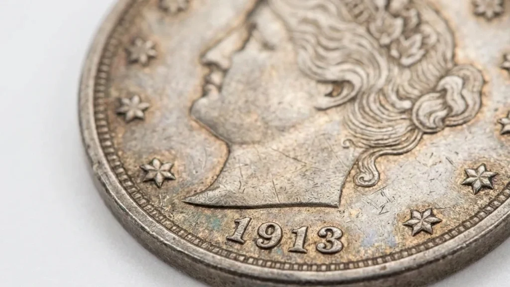 Close-up of a 1913 silver dollar highlighting engraving detail and patina