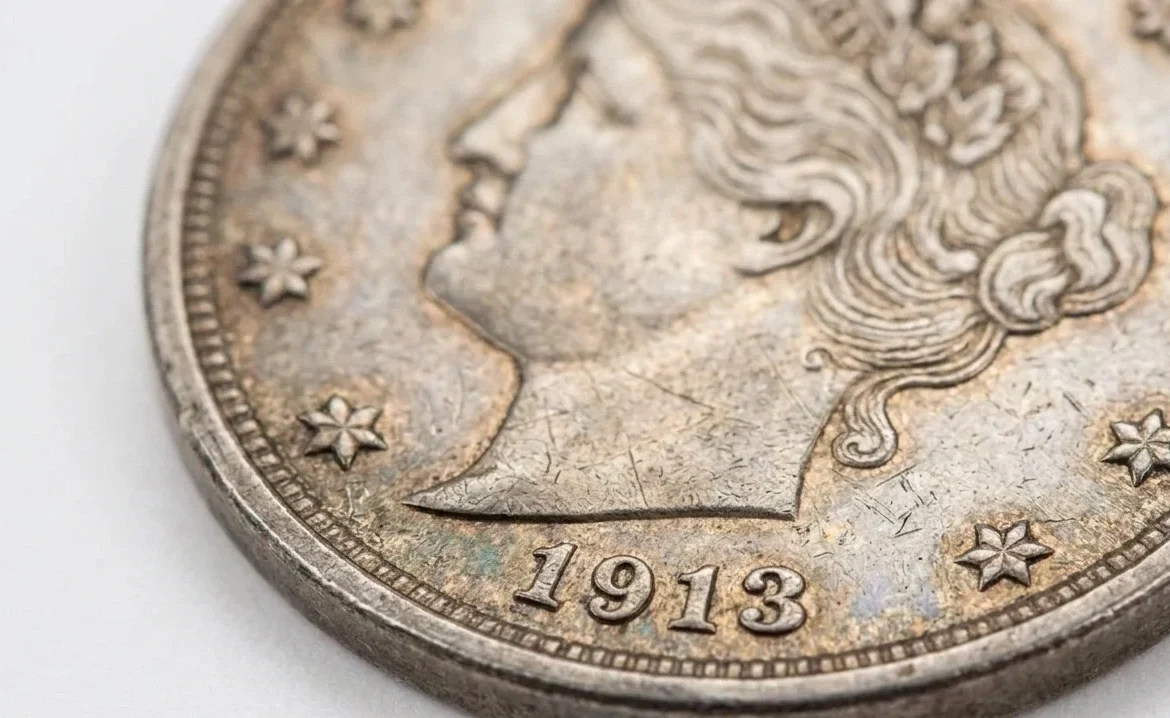 Close-up of a 1913 silver dollar highlighting engraving detail and patina